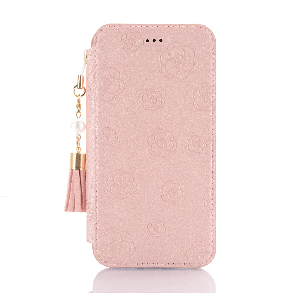 Роскошный тонкий флип-чехол для Iphone X 8 7 6 6S Plus Xs Max Xr Милый горный чай цветок из искусственной кожи чехол из термополиуретана и силикона с кисточкой жемчуг - Цвет: Pink