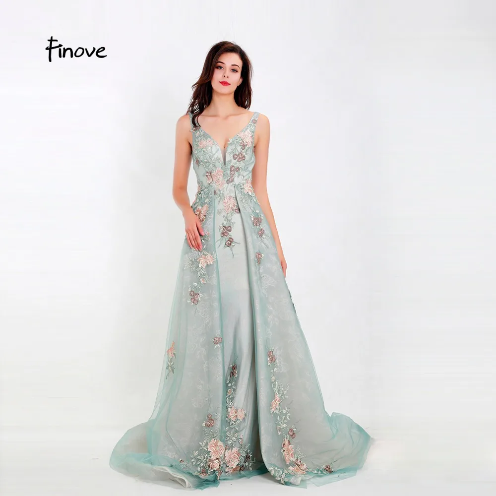Finove/платье для выпускного вечера, Длинное Элегантное платье из органзы с вышивкой, шикарная юбка, милый светильник на шее, зеленые вечерние женские платья, Robe de soiree