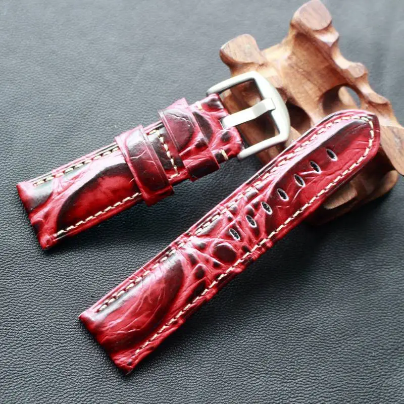 MERJUST New Fashion 24mm Red Brown Crocodile texture Calf Genuine Leather Wrist Watch Band For pam Pilot Strap Bracelet