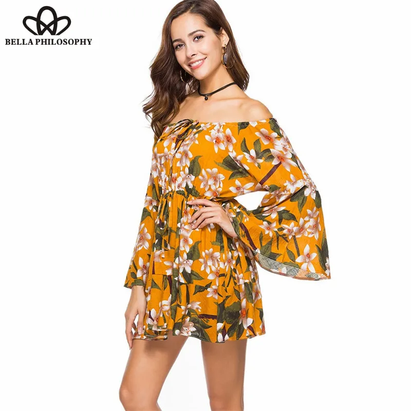 Wonder Boho Summer Mini Short Dress Print Floral Loose Ruffle Sexy Off Shoulder Dress Plus Size Lady Loose Beach Dress