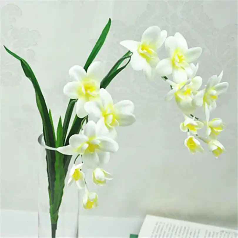 10pcs Artificial Freesia Flower Silk Cymbidium With Orchid Leaf Plant 14 Heads For Wedding Centerpieces Part Floral Arrangement Artificial Dried Flowers Aliexpress