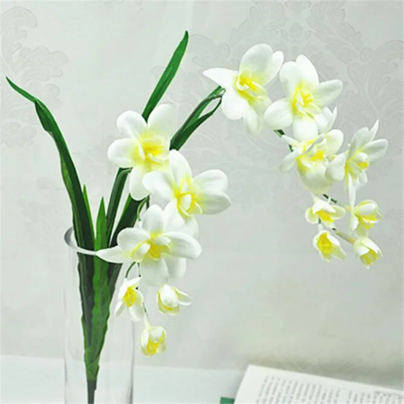

20pcs Artificial Freesia Flower Silk Cymbidium with Orchid Leaf Plant 14 Heads for Wedding Centerpieces Part Floral Arrangement