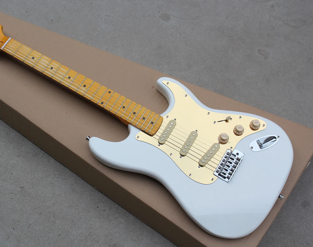 Factory custom white body electric guitar with yellow neck,SSS pickups,Golden pickguard,chrome hardware,can be customized