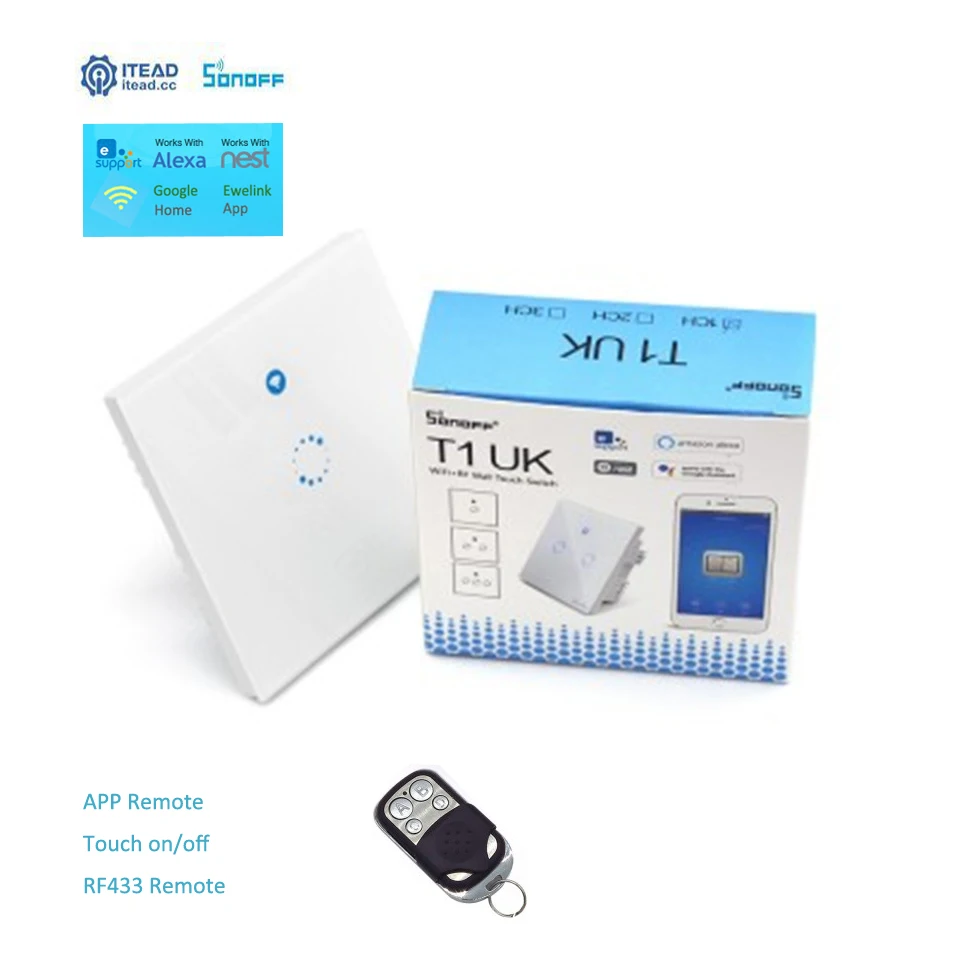 

Sonoff T1 Smart WiFi RF/APP/Touch Control Wall Light Switch 1 Gang 86 Type UK Panel Wall Touch Light Switch Alexa Nest Ewelink