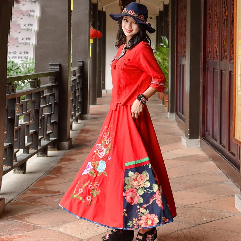 Винтажные наряды для женщин, комплект из двух предметов с юбкой, Этническая вышивка, Женская юбка, костюмы, традиционная китайская одежда для женщин, TA1463