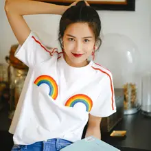 MOFFI футболка Женская топы Летняя футболка с круглым вырезом короткий рукав Rianbow Печатный Топ белая футболка с коротким рукавом 183190