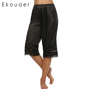 

Ekouaer Brand Women Capris Casual Pants Loose Elastic Waist Lace Trimming Patchwork Solid Culottes Slips Pants Summer