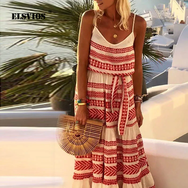 

ELSVIOS Women Plus size Striped Print beach Dress women Summer backless long maxi Dresses Lady belt holidays dress Vestidos 5XL