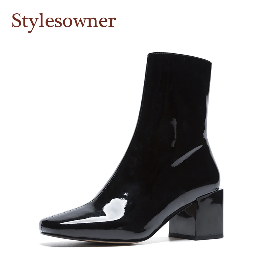 

Stylesowner Solid Color Patent Leather Women Short Boots Pleated Leather Squared Toe Chunky Heel Side Zipper Fashionable Bootie