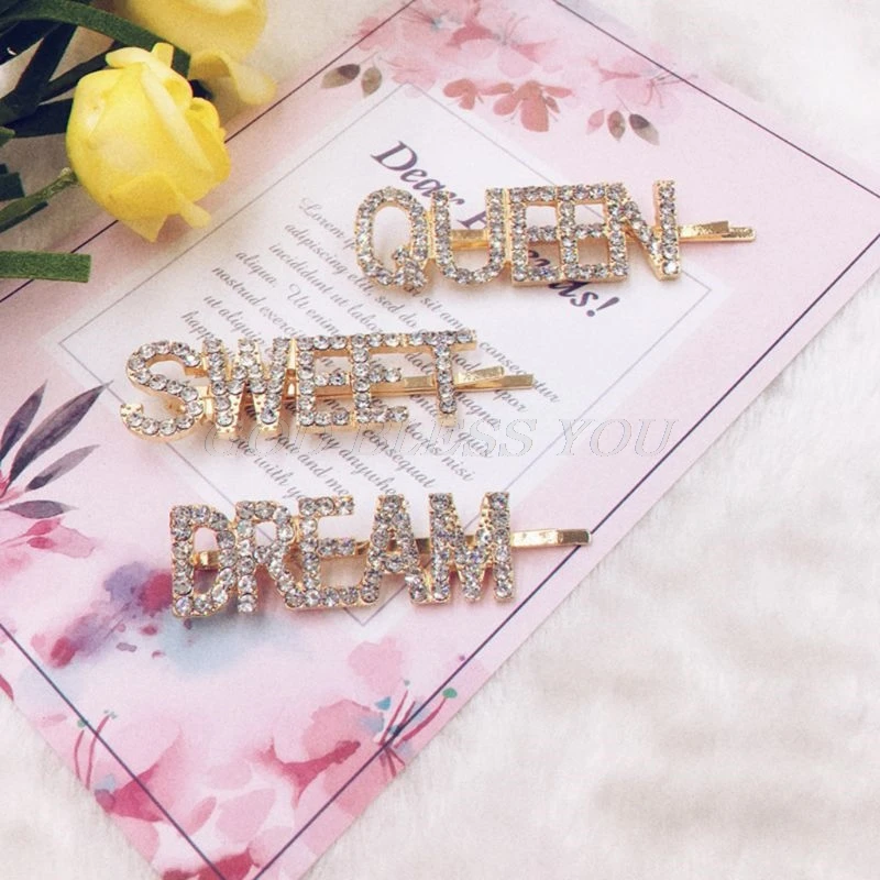 Women Girls Novelty Hollow Out Letters Hair Clip Luxury Shimmer Rhinestone One Word Hairpins Night Club Party Styling Barrettes
