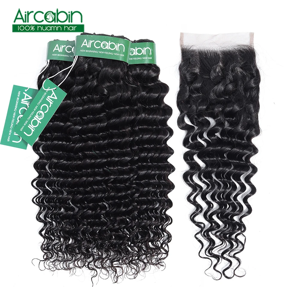 

Peruvian Deep Curly Wave 3 Bundles With Closure Non Remy Hair Free/ Middle/ Three Part Lace Closure With Human Hair Bundles