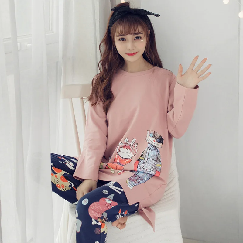 2017 Autum Winter 100 Cotton Womens Cute Pajama Set Long Sleeve Female