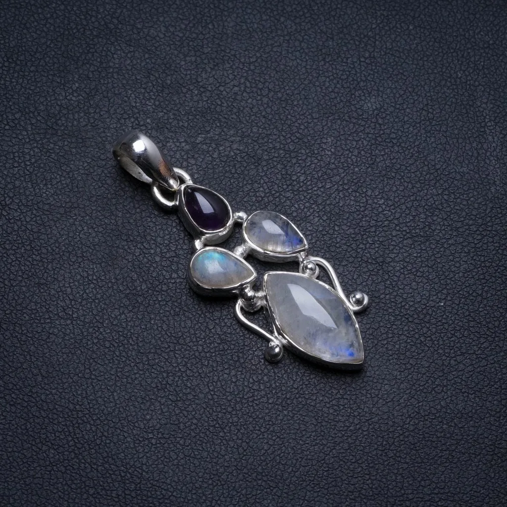 

Natural Rainbow Moonstone and Amethyst Handmade Unique 925 Sterling Silver Pendant 1.5" X1363