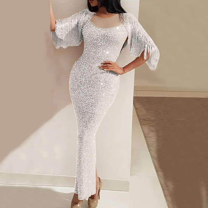 

Women Sequined Dress Elegant Round Neck Fringed Banquet Prom Wedding Fishtail Bodycon Dress Female