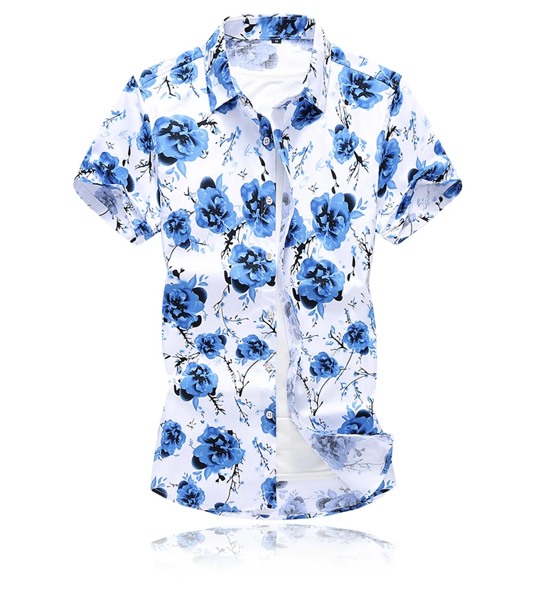 Модные Повседневные белые и синие мужские рубашки с коротким рукавом летние мужские Цветочные рубашка Азиатский размер s-7XL рубашка мужская