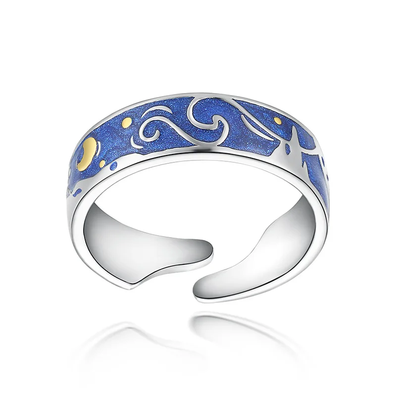 Qevila Jewelry Rings Genuine 925 Silver Van Gogh's Glitter Sky Gold Moon Star Enamel Canvas Finger Ring Romantic for Women Lover (13)