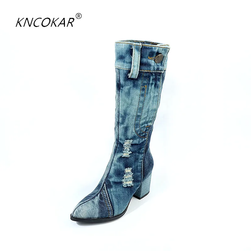 Señoras De Martin Otoño Tacón Blue And Grueso Botas 2018 Y Alto En White Denim Invierno El Con Lona Las Zapatos Nuevo TIxq4