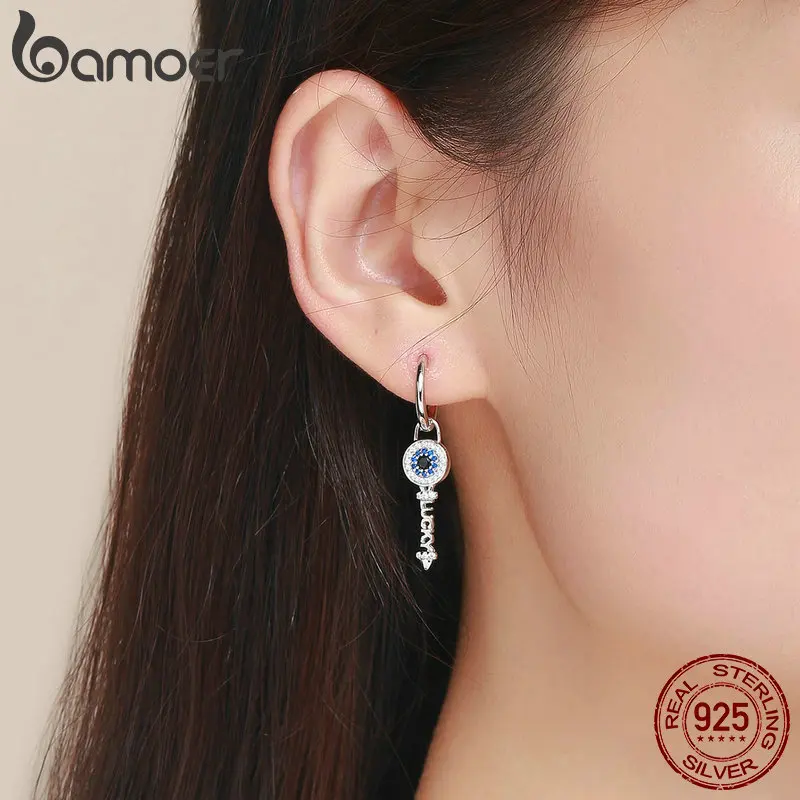 

BAMOER Genuine 925 Sterling Silver Locks And Key Drop Earrings for Women Blue CZ Zircon Wedding Engagement Jewelry GAE028