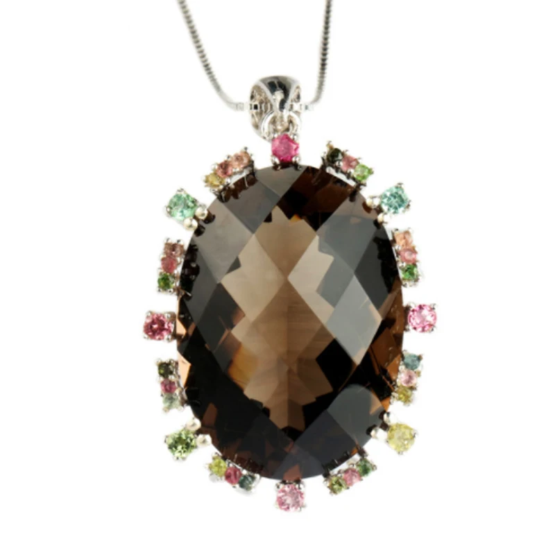

MELE Natural smoky quarts silver pendant, big oval 20mm*28mm, bright colorful tourmaline , more beautiful than pictures