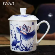 500CC костяного фарфора чайные чашки с крышкой синий и белый чашка для воды офис дома посуда для напитков подарки другу 13