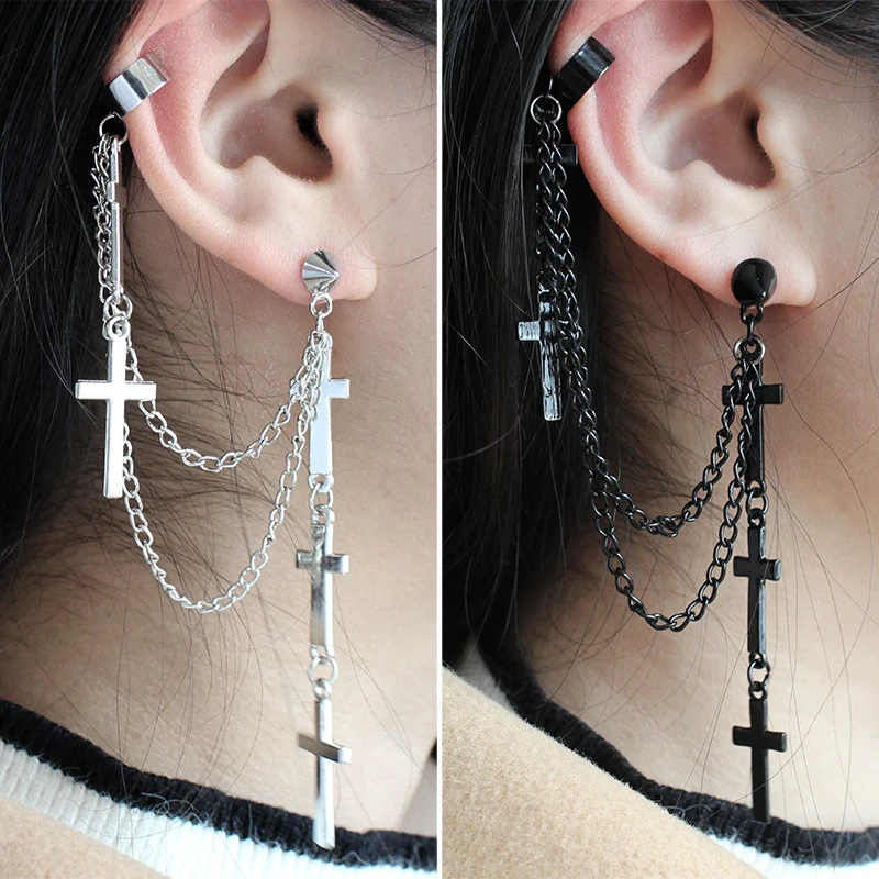 2017 Popular Personality Punk Metal Cross Tassel Ear Cuff Earrings For