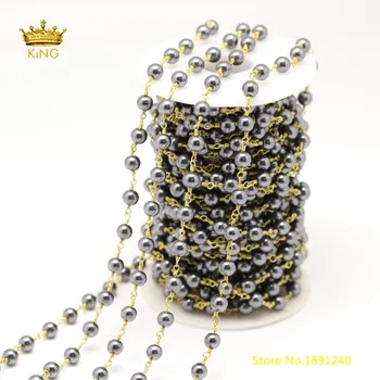 

5meters Black Pearl Glass Round Loose Beads Rosary Chains Findings,Polished Pearl Fashion Chains Healing Necklace 6mm ZJ216-11