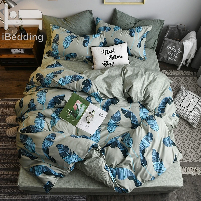 

New Feather Beddling Set Summer Bed Linen Set Green Flat sheet, Pillowcase & Duvet Cover Set Modern Bedclothes 3/ 4pcs Bed Set