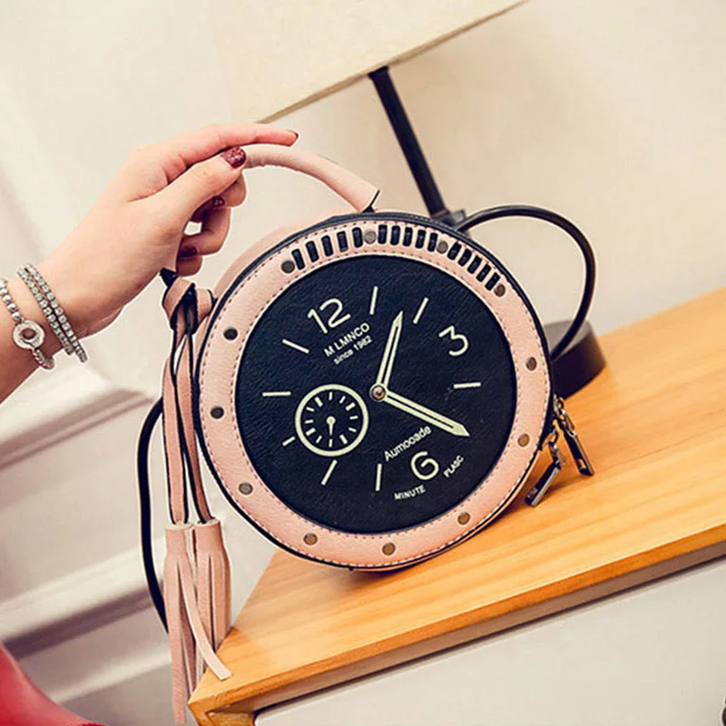 New Women Tassel Clock Shoulder Bag INS Popular Fashion Female Circle Handbag Mini Travel Lady Rivet PU Handle Crossbody SS3483 (14)