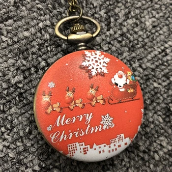 

Marry Christmas Theme Men Woman Pocket Watch Snowflake Elk Santa Claus Design Necklace Pendant Red FOB Watch Chain Clock Gift