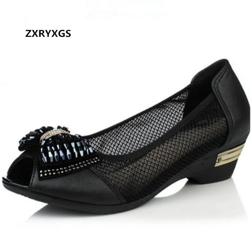 

2019 New Summer Lace Genuine Leather Sandals Women Shoes with Shallow Mouth Bow Rhinestone Fashion Shoes Women Sandals Plus Size