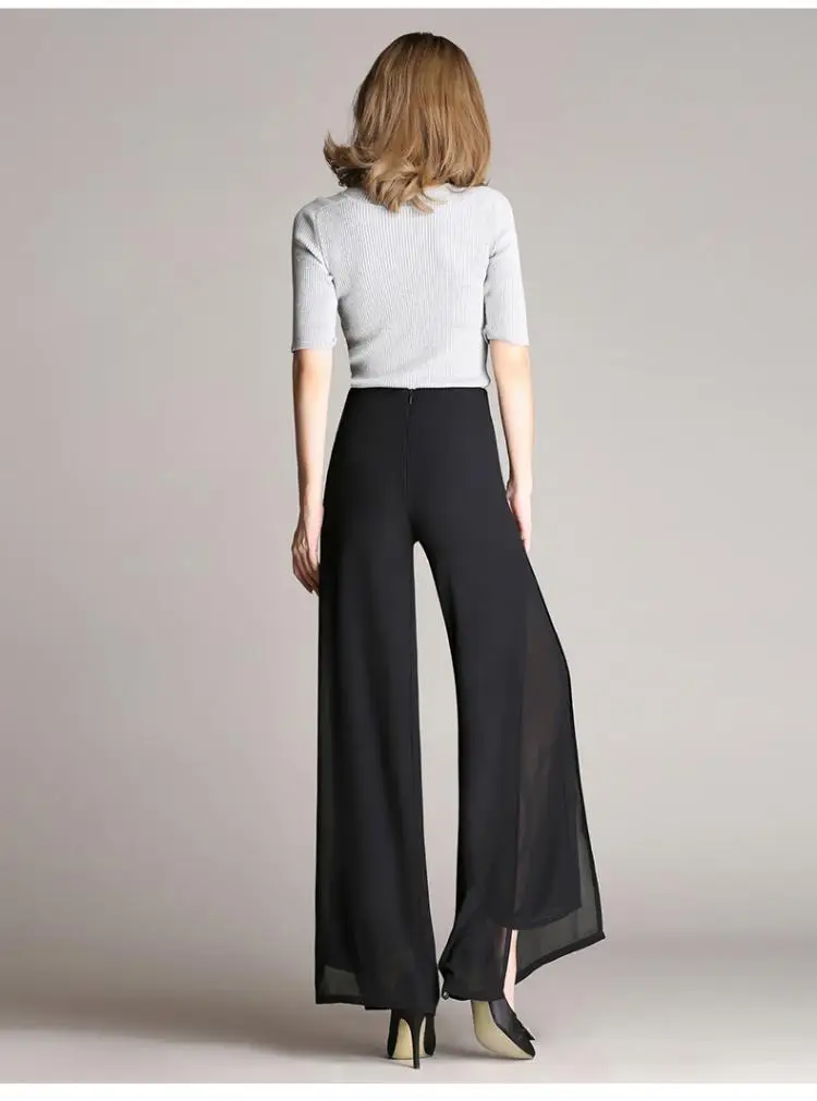 Женские винтажные свободные длинные брюки с высокой талией, шифоновые Повседневные брюки с разрезом сбоку, большие размеры, широкие брюки