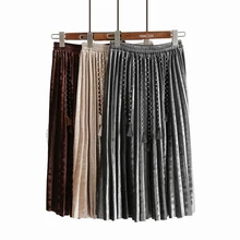 Органы бархатная юбка Для женщин Империя Бисер кисточкой Юбки для женщин Молодежные универсальные Демисезонный плиссированная юбка