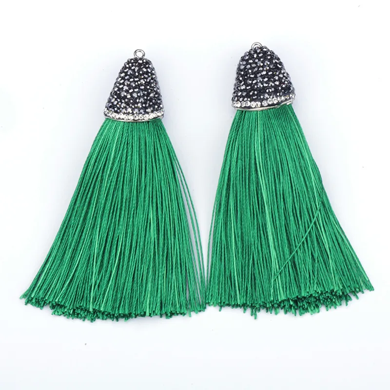 

Boho Green Tone Colors Dark Green Olive Thick Silk Tassel Black Rhinestone Cap Charms Tassels DIY Material For Jewelry Making