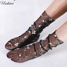 4 цвета. Женские носки с вышитыми цветами. Женские прозрачные кружевные сетчатые носки в стиле Лолиты ярких цветов