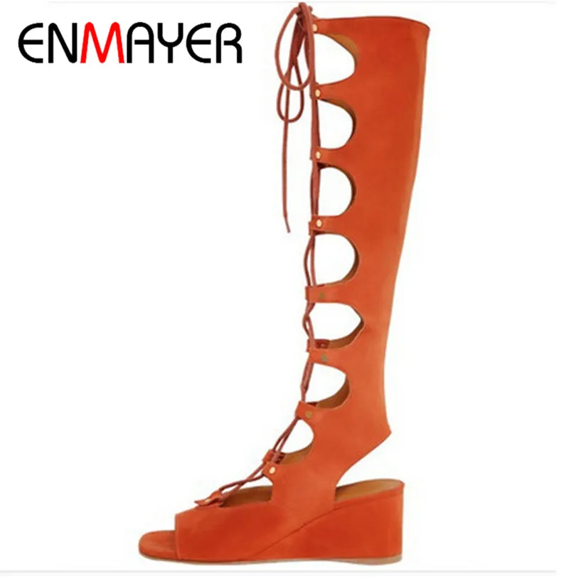 

ENMAYER New Knee High Gladiator Summer Sandals Boots Women Brown Apricot Motorcycle Boots Wedges Genuine Leather Shoes Women