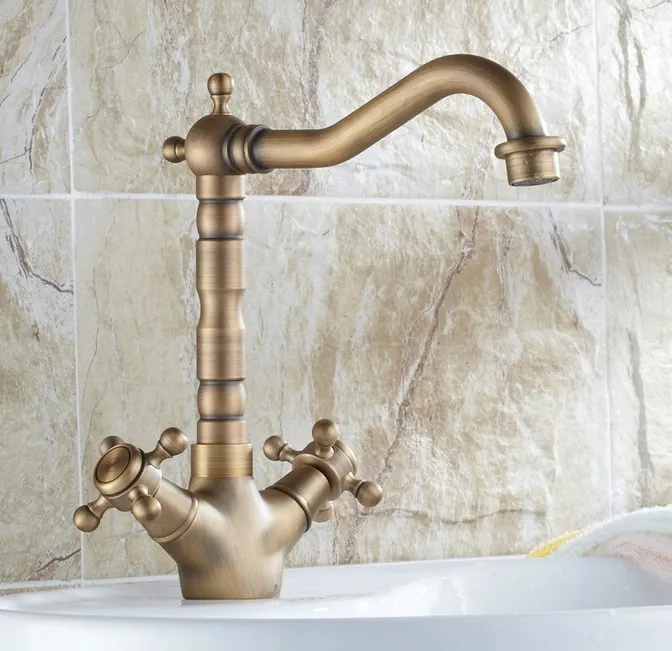 Vintage Retro Antique Brass Swivel Spout Double Cross handles Kitchen Bar Bathroom Vessel Sink Basin Faucet Mixer Tap anf078