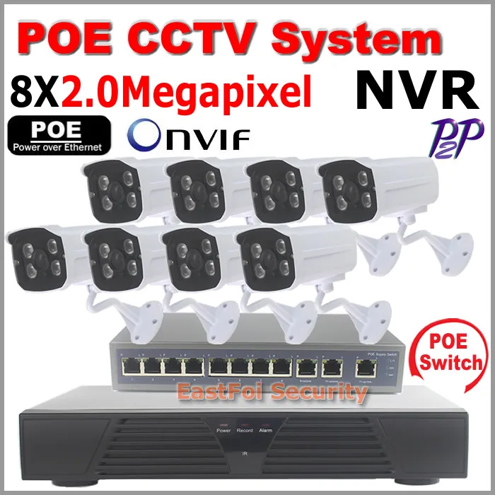 

Surveillance system poe camera kit 2.0MP Waterproof Onvif ir night vision POE IP Camera 8ch P2P motion detect NVR and POE Switch
