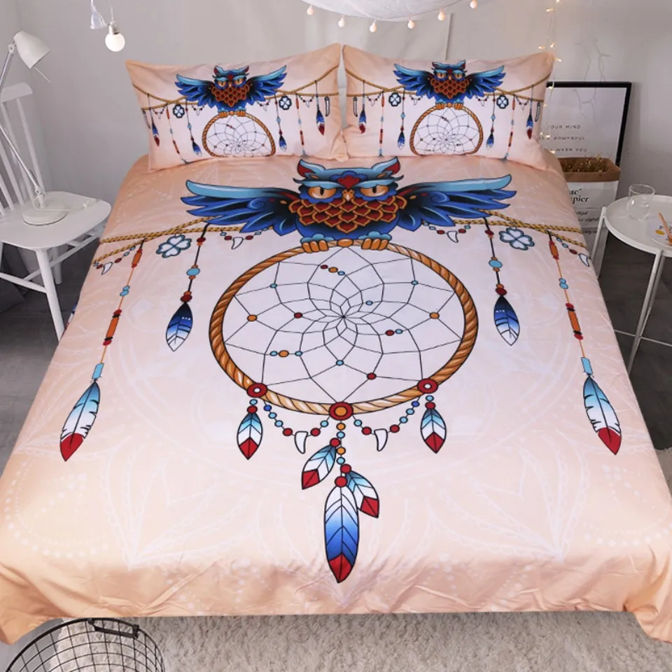 Lai Yin Sun Bedding Set Owl Dreamcatcher Feathers Duvet Cover Bohemian Printed 3 Pcs Soft Duvet Cover with Pillow Case