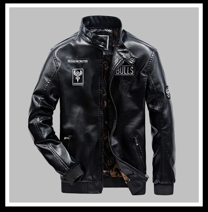 Новая мужская кожаная куртка зимняя дизайнерская стоячий воротник размера плюс PU черная мотоциклетная куртка пальто мужская кожаная байкерская куртка 3XL D8F5582