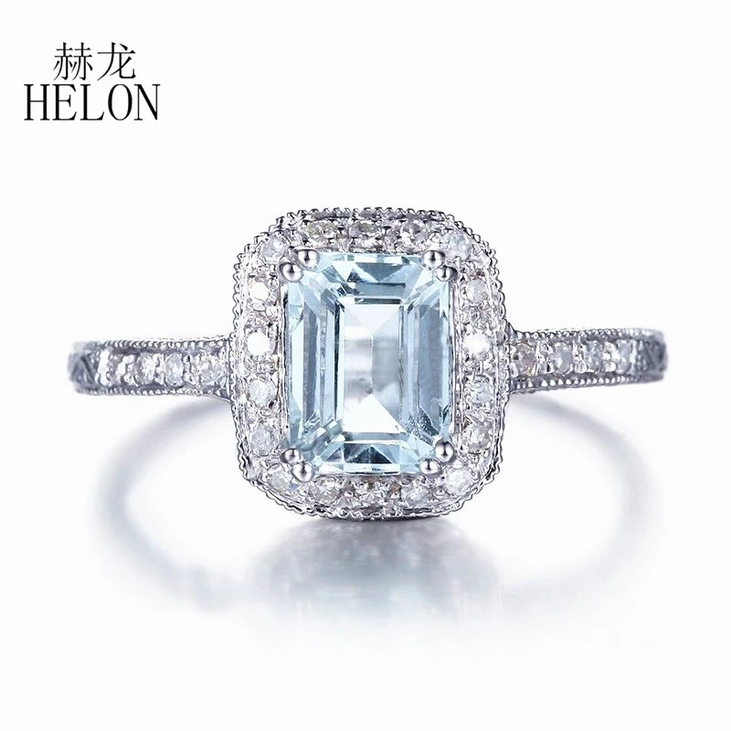 HELON Solid 18 К белого золота 1.43CT Природные Аквамарин бриллиантовое Обручение кольцо для Для женщин свадебные ар-деко Мода Fine Jewelry Кольцо