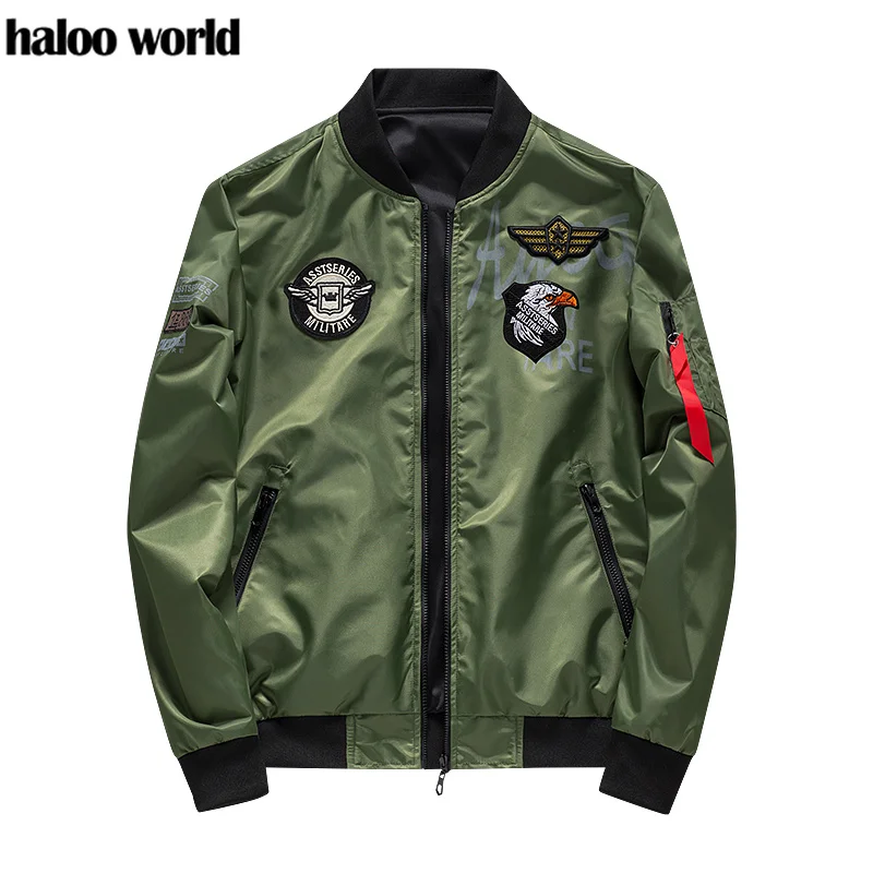 

Haloo World Couples dress Double side wear US Air Force Pilot Ma1 Bomber Flight Jacket Men hip hop padded Letterman women coat