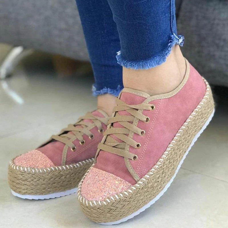 

Women Shoes New Casual Hemp Thick Bottom Flats Lace-up Fashion Ladies Autumn Vulcanized Shoes White Zapatos De Mujer