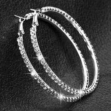 Popular earring With rhinestone 25mm-65mm Crystal circle hoop earrings Simple big circle Silver plated hoop earrings for women
