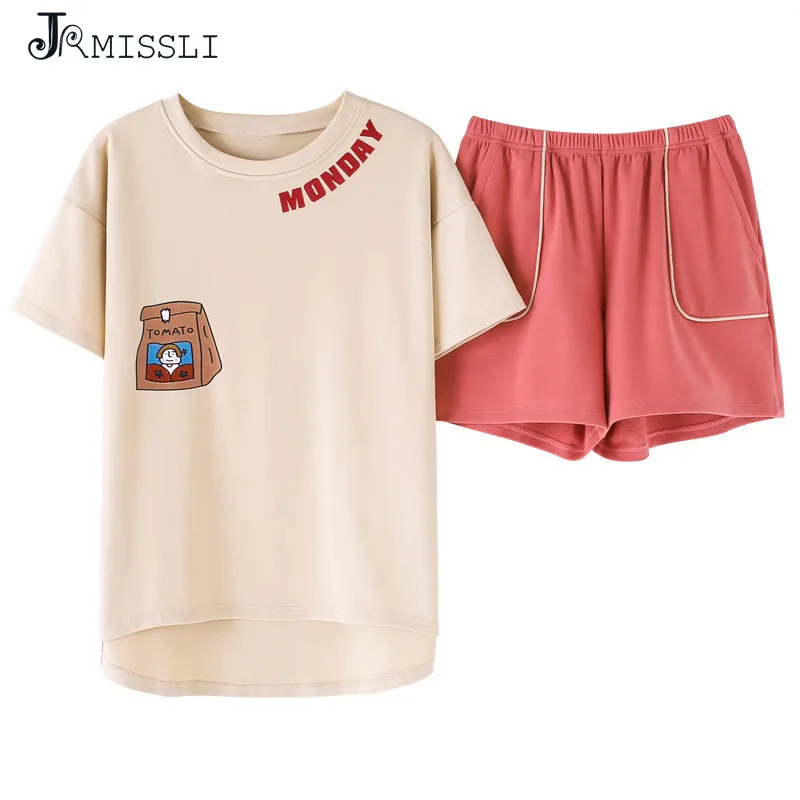 

JRMISSLI 100% Cotton Women Short Sleeve+Short Pants Pajamas Set Cartoon Pattern Round Neck Casual Female Sleepwear