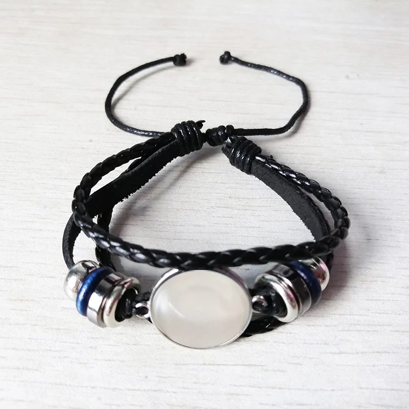 Dragon Eye Photo Tibet Silver Cabochon Glass Leather bracelet men and women jewelry convex round glass black bracelet