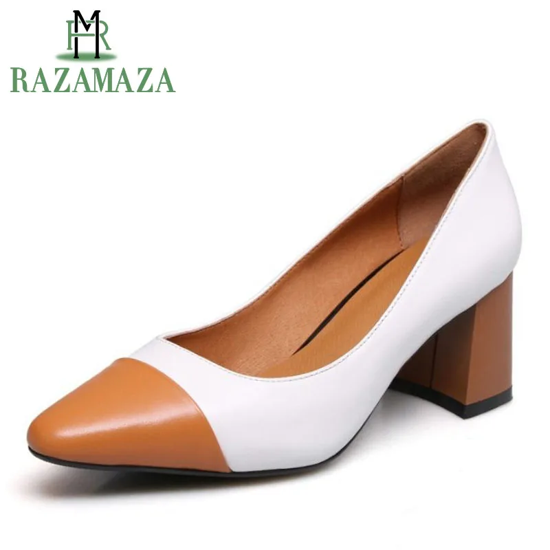

RAZAMAZA Women'S Pumps Genuine Leather High Heel Shoes Women Mixed Color Sexy Pointed Toe Fashion Dance Party Shoes Size 34-42