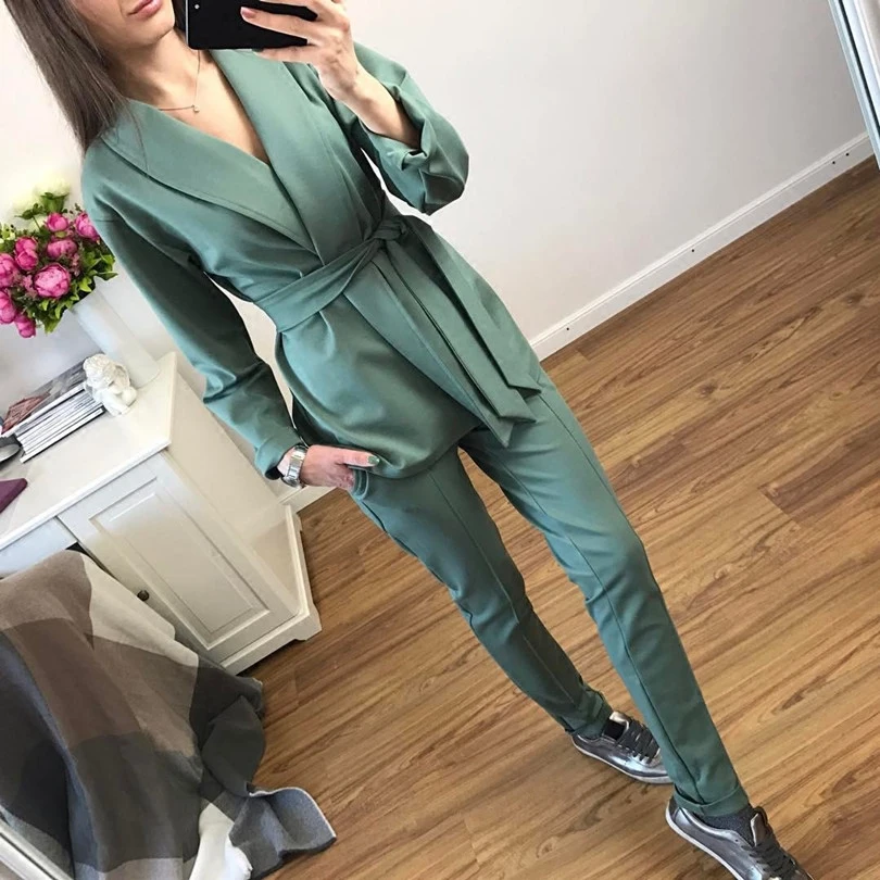

stylish Office Lady Sets pant suits shawl collar belted blazer jacket and pant two piece set OL Streetwear