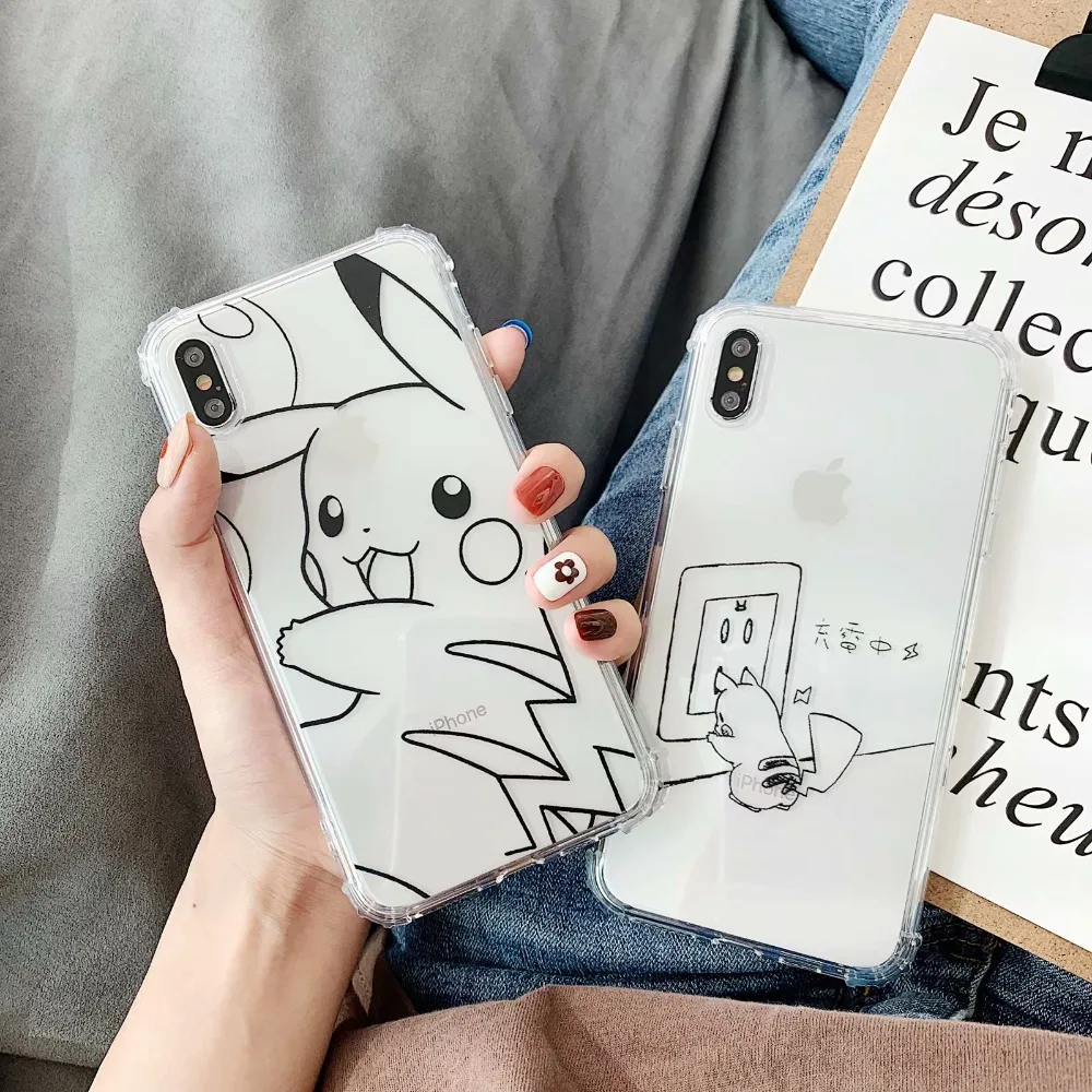 

Simple lines Cover Phone Case for iPhone 8 Plus 7 6 S 6Plus Xs Max Xr Soft cartoon Pikachue Pattern transparent Protective Shell