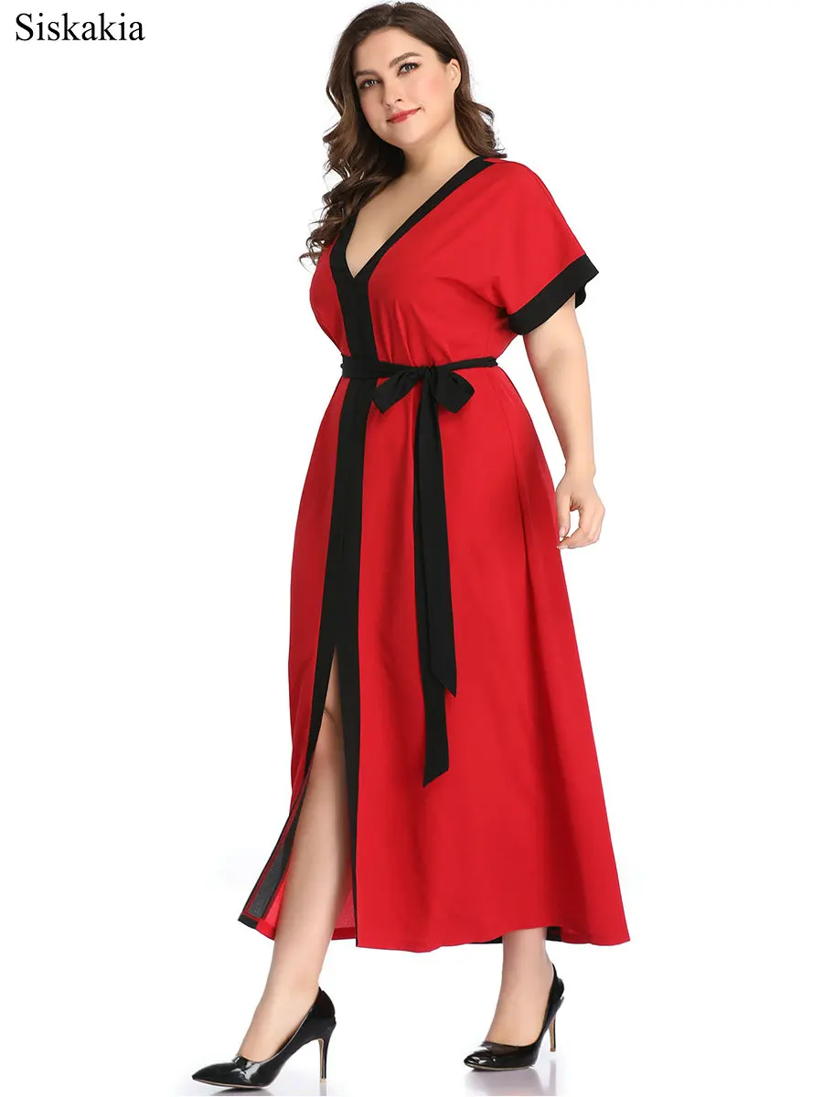 Siskakia Summer Maxi Dress For Women Stripe Color Block Patchwork Front Split Plus Size Female Party Dresses With Belt 2019 New  (1)