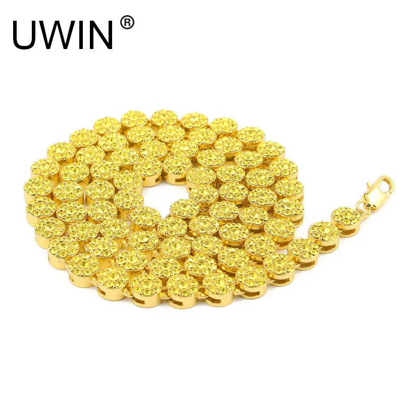 

UWIN Men's Iced Out Necklace Round Shape Gold Color Rapper HIP HOP Bling Yellow CZ Rhinestone Chain Necklaces Punk Jewelry 76cm